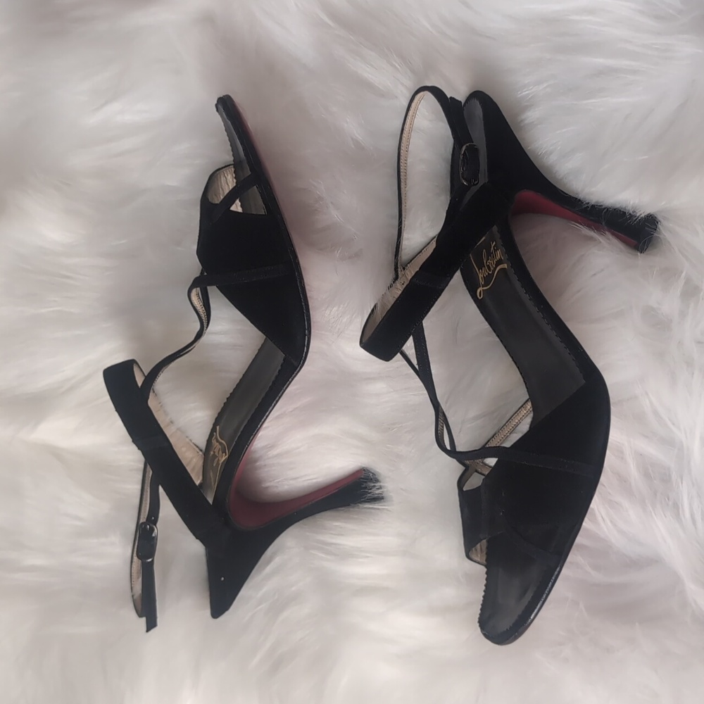 Christian Louboutin Authentic RARE T Strap Black Suede Strappy Heels Sandals